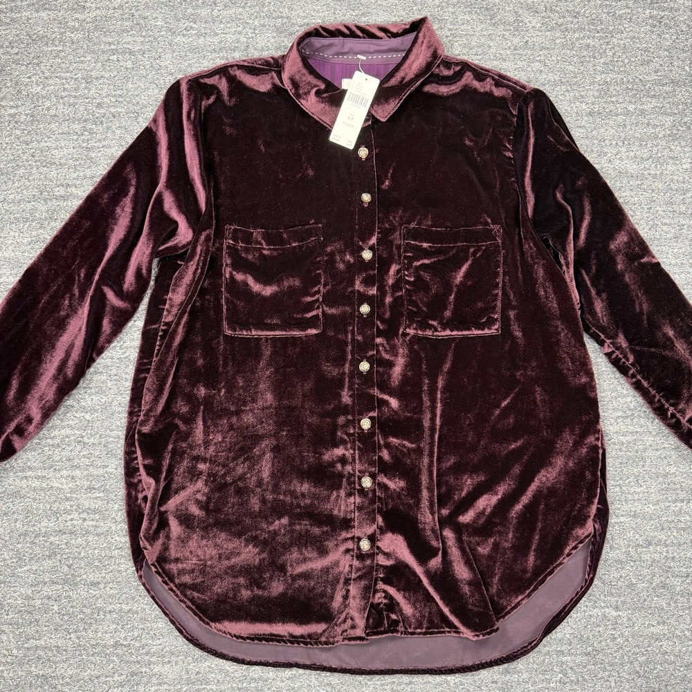 Anthropologie Maeve Karina Velvet Shirt Women 6P Plum Button Up Tunic Pockets